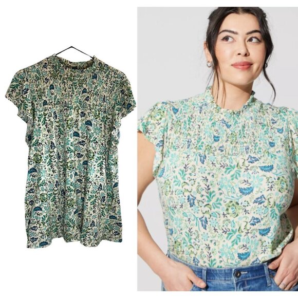 torrid Tops - Torrid Cotton Modal Ditsy Floral Jersey Smocked Mock Neck Flowy Top